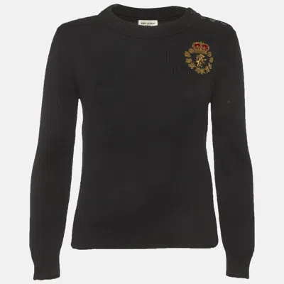 Pre-owned Saint Laurent Black Wool Blend Logo Patch Sweater S