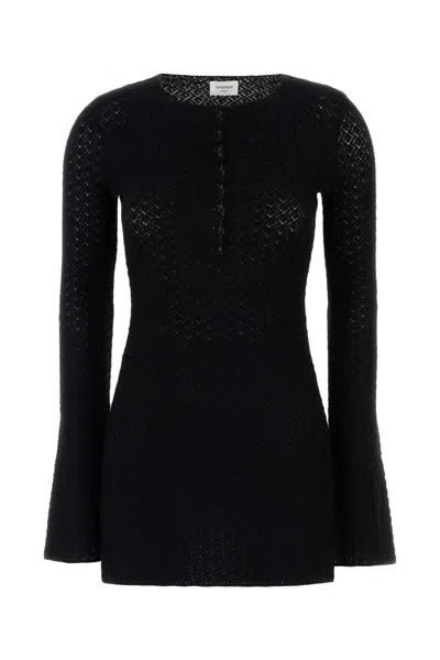 Saint Laurent Buttoned Long-sleeve Knit Mini Dress In Noir