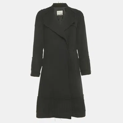 Pre-owned Saint Laurent Black Wool Fringed Trim Distressed Coat S