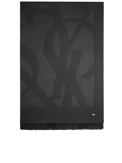 Saint Laurent Black Wool Scarf Ysl In Neutral