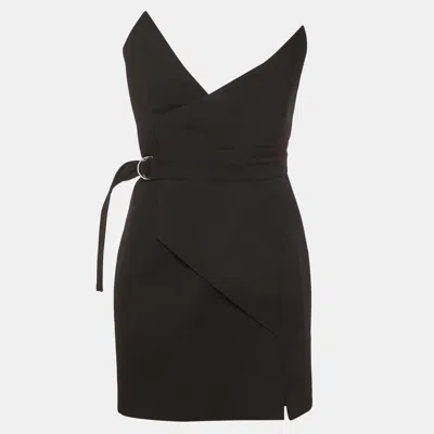Pre-owned Saint Laurent Black Wool Strapless Belted Mini Dress M