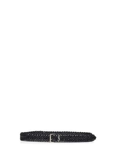 Saint Laurent Black Woven Leather Cassandre Belt