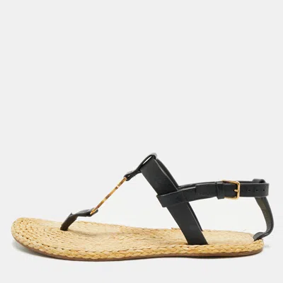 Pre-owned Saint Laurent Black/beige Leather And Raffia Cassandra Thong Sandals Size 37