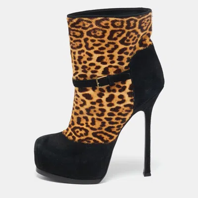 Pre-owned Saint Laurent Black/brown Calf Hair And Suede Ankle Length Boots Size 38.5