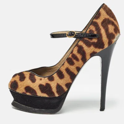 Pre-owned Saint Laurent Black/brown Calf Hair Animal Print Pumps Size 36