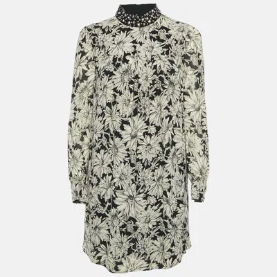 Pre-owned Saint Laurent Black/cream Floral Print Crepe Pleated Mini Dress S