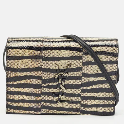Pre-owned Saint Laurent Black/cream Zebra Print Snakeskin Kate Strap Wallet