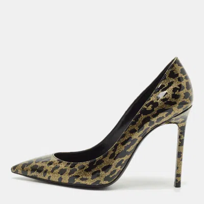 Pre-owned Saint Laurent Black/gold Animal Print Patent Leather Anja Pointed Toe Pumps Size 38