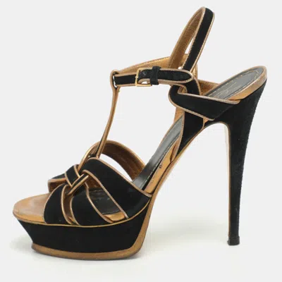 Pre-owned Saint Laurent Black/gold Leather And Suede Tribute Ankle Strap Sandals Size 39
