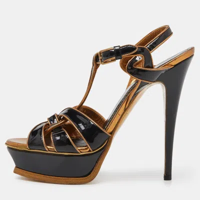 Pre-owned Saint Laurent Black/gold Patent Leather Tribute Platform Ankle Strap Sandals Size 39
