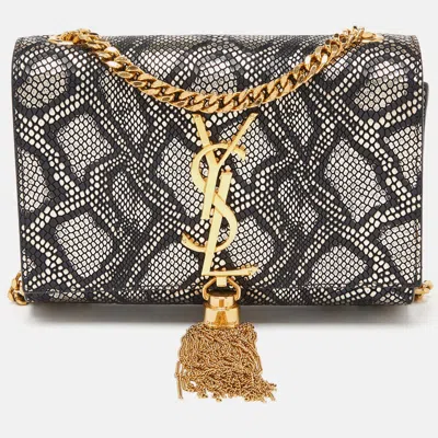 Pre-owned Saint Laurent Black/gold Python Embossed Leather Small Kate Wallet On Chain