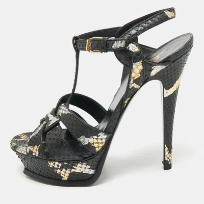 Pre-owned Saint Laurent Black/gold Snakeskin Tribute Platform Sandals Size 37.5