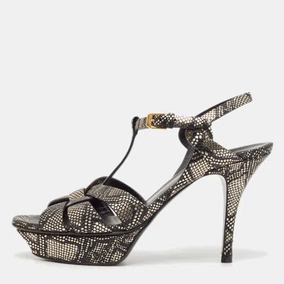 Pre-owned Saint Laurent Black/gold Textured Leather Tribute Sandals Size 39.5