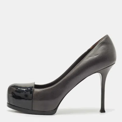Pre-owned Saint Laurent Black/grey Leather And Patent Tribtoo Platform Pumps Size 41