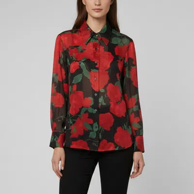 Pre-owned Saint Laurent Black/red Floral Print Semi-sheer Silk Shirt L