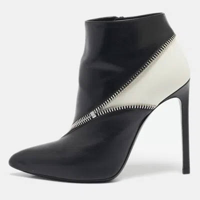 Pre-owned Saint Laurent Black/white Leather Zip Detail Ankle Length Boots Size 36