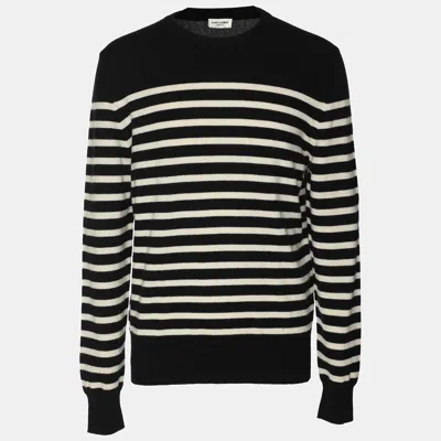 Pre-owned Saint Laurent Black/white Stripe Print Cashmere Knit Sweatshirt L