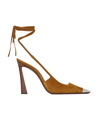 Saint Laurent Blade 105 Slingback Pumps In Brown