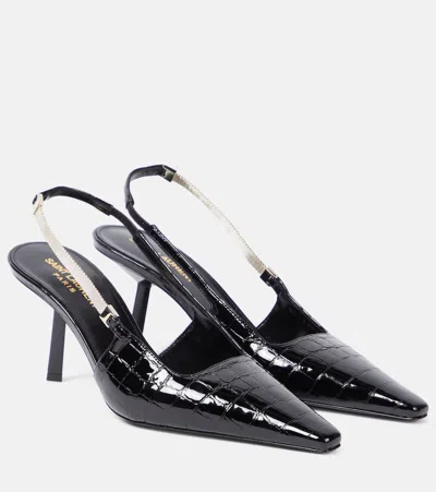 Saint Laurent Blake Croc-effect Leather Slingback Pumps In Noir