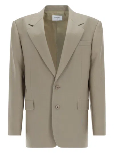 Saint Laurent Single-breasted Jacket In Wool And Silk In Brown