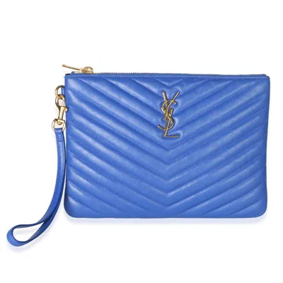 Pre-owned Saint Laurent Bleu Majorelle Matelasse Calfskin Monogram New Jolie Pouch