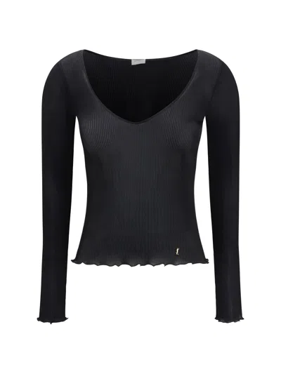 Saint Laurent V-neck Ribbed Silk Blouse In Black