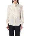 Saint Laurent Silk Scarf-collar Shirt In Beige