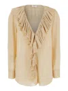 Saint Laurent Beige Blouse With V Neck And Ruffles On Front And Rear In Silk Woman In Brown