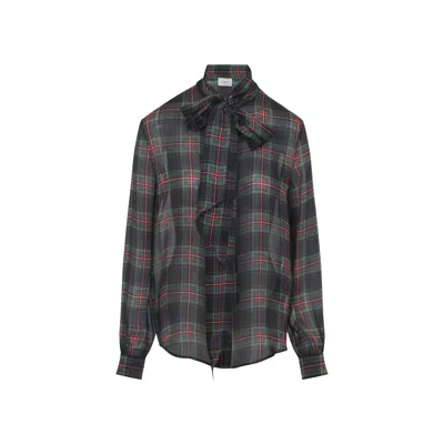 Saint Laurent Plaid Shirt Long Sleeves Collared Neck Bow In Black