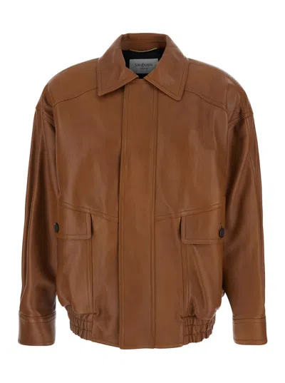 Saint Laurent Blouson Ample Poches A Larges Rabat Agneau Toucher In Brown