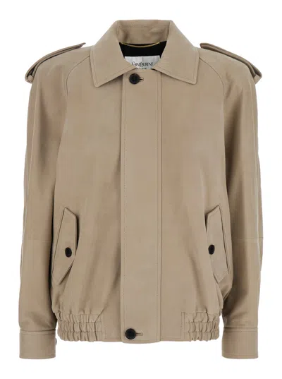Saint Laurent Nubuck Bomber Jacket In Neutral