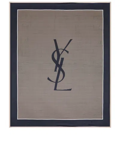 Saint Laurent Logo-print Striped Silk-satin Scarf In Neutrals