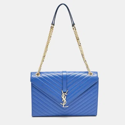 Pre-owned Saint Laurent Blue Chevron Leather Large Monogram Envelope Shoulder Bag