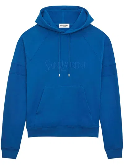 SAINT LAURENT BLUE COTTON HOODIE WITH CONTRASTING CUFFS AND HEM FOR MEN