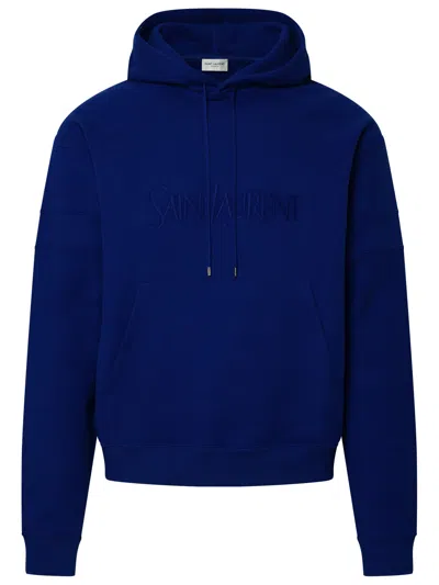 Saint Laurent Logo-embroidered Hooded Cotton Sweatshirt In Blue