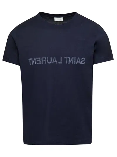 Saint Laurent Blue Crewneck T-shrt With Logo Print In Cotton Man In Multicolor