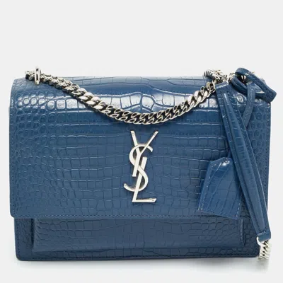 Pre-owned Saint Laurent Blue Croc Embossed Leather Medium Sunset Shoulder Bag
