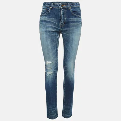 Pre-owned Saint Laurent Blue Distressed Denim Frayed Skinny Jeans M Waist 28"