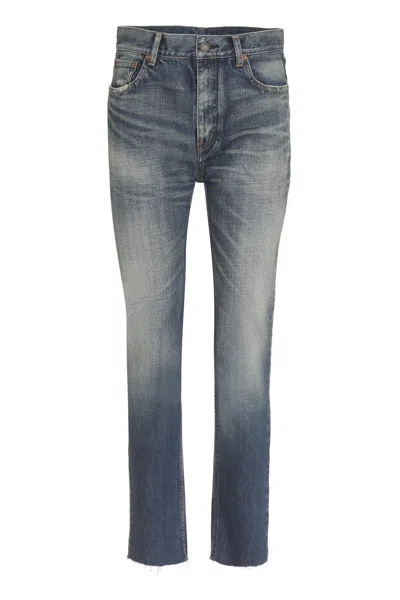 Saint Laurent Blue Distressed Straight-leg Jeans With Frayed Hem For Women In Denim