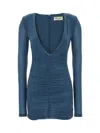 Saint Laurent Mini Blue Dress With V Neckline And Gathering Detail In Viscose Woman In Blue
