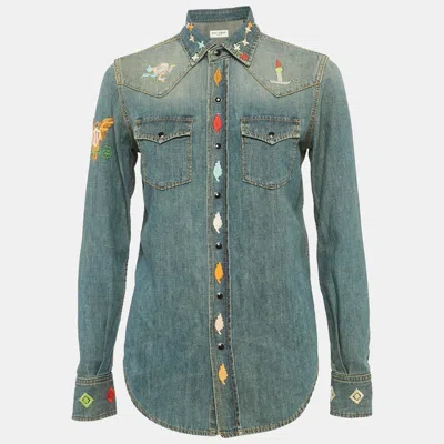 Pre-owned Saint Laurent Blue Embroidered Denim Button Front Blouse S
