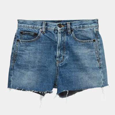 Pre-owned Saint Laurent Blue Embroidered Denim Raw-edge Shorts S