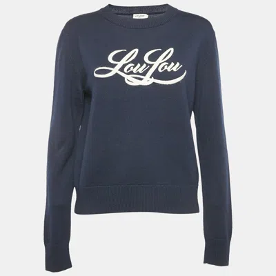 Pre-owned Saint Laurent Blue Embroidered Rib Knit Crewneck Sweater S