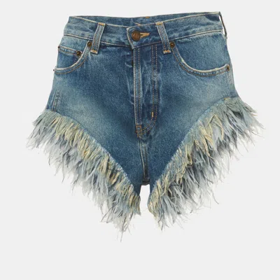 Pre-owned Saint Laurent Blue Feather Trim Denim Shorts S/waist 26"