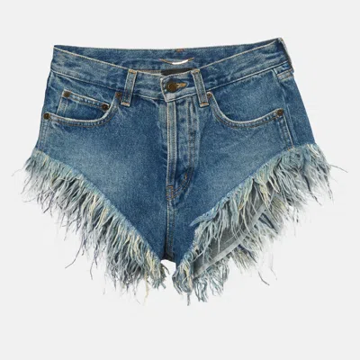Pre-owned Saint Laurent Blue Feather Trim Denim Shorts S/waist 26"