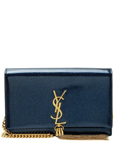 Pre-owned Saint Laurent Blue Glitter Patent Leather Monogram Kate Tassel Chain Wallet (authentic Pre-loved)