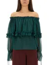 Saint Laurent Off The Shoulder Long Sleeve Top In Green