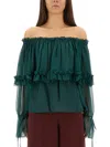 Saint Laurent Off The Shoulder Long Sleeve Top In Green
