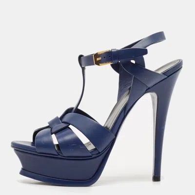 Pre-owned Saint Laurent Blue Leather Tribute Platform Ankle Strap Sandals Size 35.5