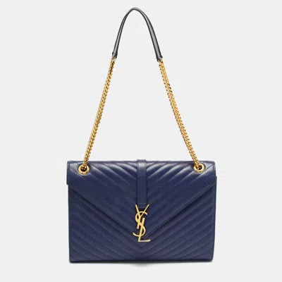 Pre-owned Saint Laurent Blue Matelassé Leather Large Monogram Envelope Shoulder Bag